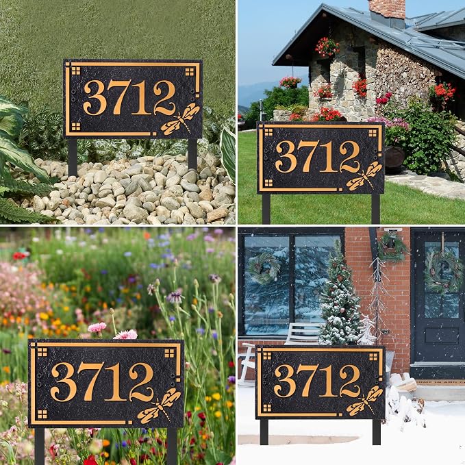 House Address Sign Address Plaque for Outside Custom Street Name Address Sign House Number with Lawn Stake (Black/Gold)