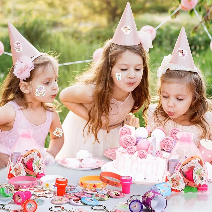Funrous 122 Pcs Fairy Party Favors Bulk with Woodland Fairy Silicone Slap Bracelets Keychains Stickers Stampers Badges Gifts Bags for Fairytale Garden Forest Birthday Baby Shower Party Supplies