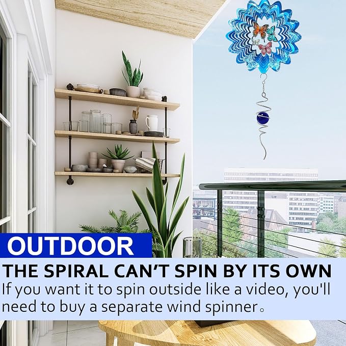 Gazing Ball Spiral Tail,Wind Spinner Tail with Dark Blue Glass Orb,Wind Spinners Stabilizer,Visual Illusion in Spinning Hanging Rotating Art Decor,Indoor Outdoor Garden Decoration-13in