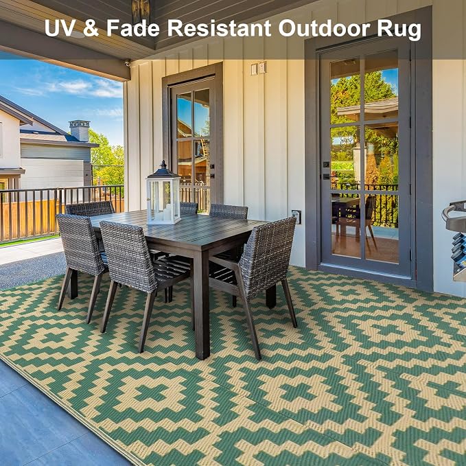 Outdoor Patio Plastic Straw Rug - 9x12 ft Outdoor Camping Rug Waterproof Reversible, Area Carpet Patios RV, Outside Porch Balcony Deck for Camper, Green & Yellow