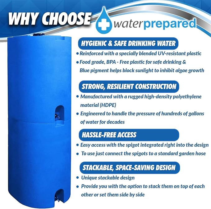 WaterPrepared Stackable Plastic Drinking Water Storage Tank with Spigots, 55 Gallon, Blue - Portable Emergency Hydration Container for Survival or Disaster Preparedness
