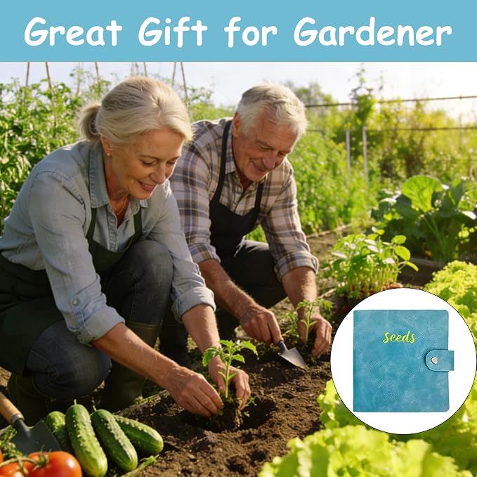 Seed Storage Organizer Binder, PU Seed Packet Organizer with 50 Clear Pockets(25 Pack Sheet Sleeves) and 50 Pack Seed Envelopes, Garden Seed Holder Book, Flower Plant Seed Keeper Blue