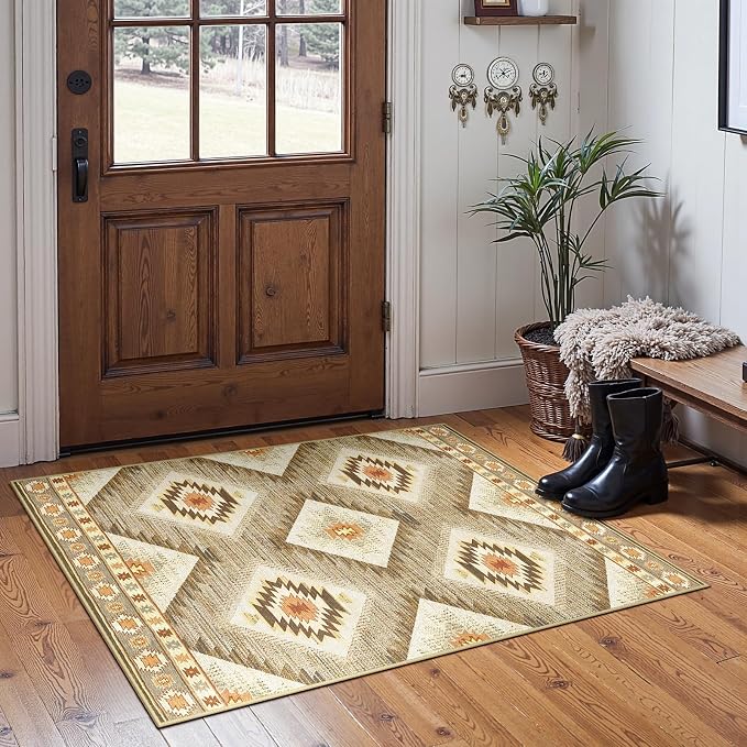 2'x5' Washable Area Rug for Living Room Runner Cream/Camel | Soft Western No Slip Low Pile Print Foldable Indoor Small Rug for Kitchen entrance entryway hallway