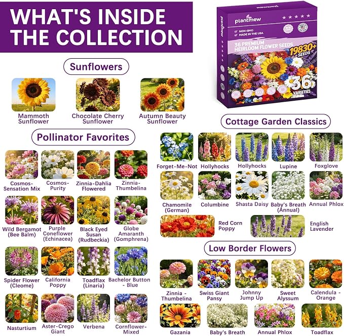 Wildflower Seeds Mix 1/2 lb, 19830+ Seeds Perennial& Annual 36 Varieties Flower Seeds for Planting,Non-GMO Heirloom Bulk Wild Flower Seeds for Indoor & Outdoors, FlowerSeed Packets for Home Garden