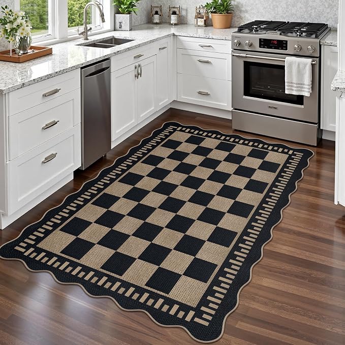 Checkered Easy Jute 4x6 Outdoor Patio Rug, Washable Indoor Outdoor Black Kitchen Rugs Farmhouse Neutral Non Slip Area Rug for Living Room Backyard Bedroom