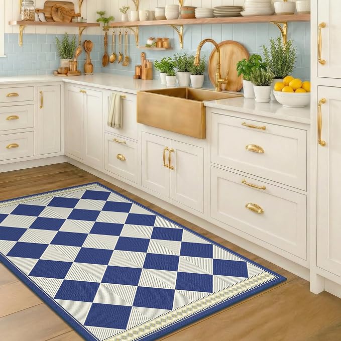 Checkered Easy Jute 3x5 Navy Blue Indoor Outdoor Rugs for Entryway, Washable Non Slip Diamond Boho Coastal Rug for Porch, Modern Minimalist Front Door Mat, Kitchen, Bathroom and Balcony Carpet