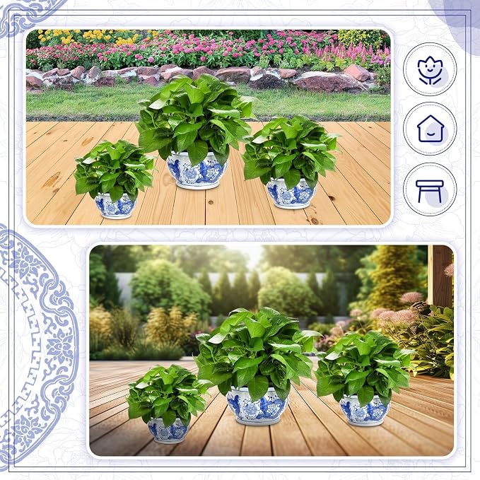 Briwooody Set of 3 Blue and White Porcelain Flower Pots 7.2'' 6'' 4'' Decorative Chinoiserie Plant Pots with Drainage Hole Saucers Ceramic Planters for Indoor Garden(Elegant Style)