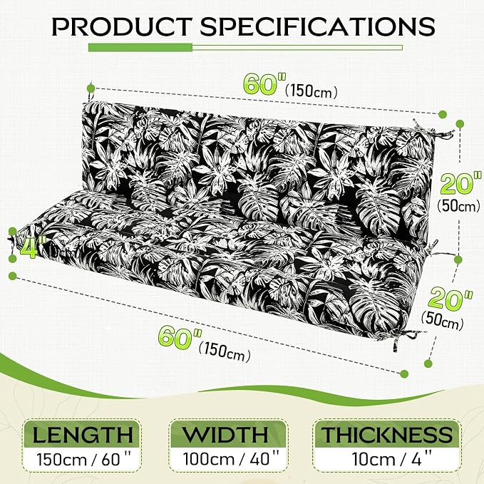 Outdoor Swing Cushion with Backrest, Tie Straps & Memory Foam - Replacement for Porch Bench 2/3 Seater, Oxford Fabric (Black & White, 60 INCH × 40 INCH)