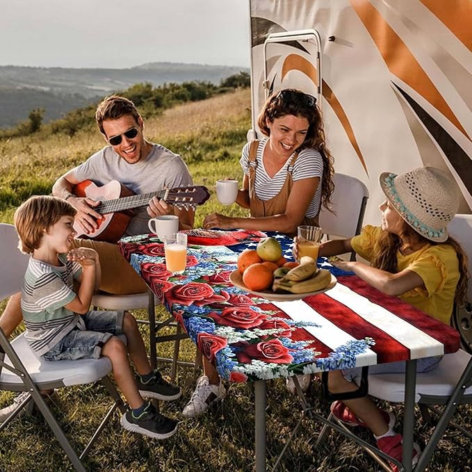 Picnic Table Cover with Bench Covers, Waterproof Elastic Fitted Tablecloths for 6 Foot Rectangle Tables, Washable American Flag Tablecloth for Camping, Outdoor (Red & Blue, 30"x96")