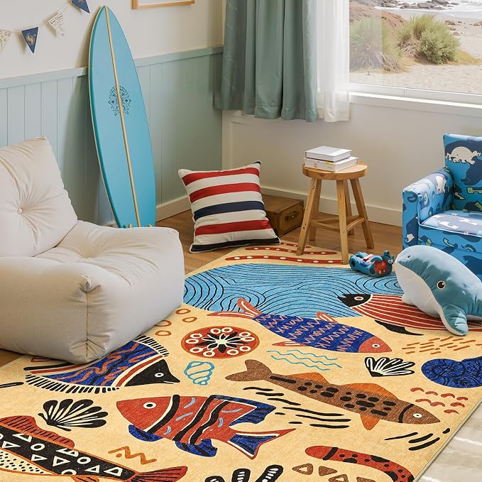 jinchan 5x7 Coastal Area Rug Washable Kids Rug Colorful Ocean Fish Mat, Tan | Soft, Cozy, Non-Slip, Kid-Friendly, Lightweight, Entryway, Kitchen, Dorm, Bedroom, Living Room, Playroom, Nursery, Daycare