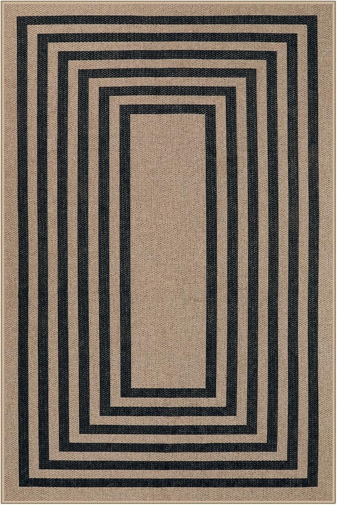 Lahome Enfys Modern Geometric Easy Jute Entryway Rug, 4x6 Black Washable Carpet for Bedroom Contemporary Thin Living Room Patio Rug, Farmhouse Non Slip Indoor Outdoor Carpet for Dining Room Backyard