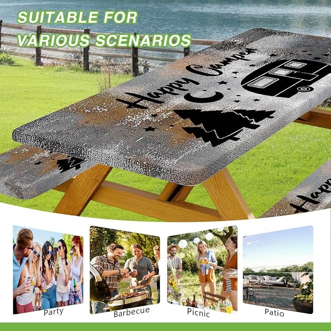 Picnic Table Cover with Bench Covers Elastic Edges, Black Grey Happy Camper Fitted Table Cover, Outdoor Patio Camping Essentials 96 Inch 3PCS, Waterproof Camping Tablecloth with Drawstring Bag