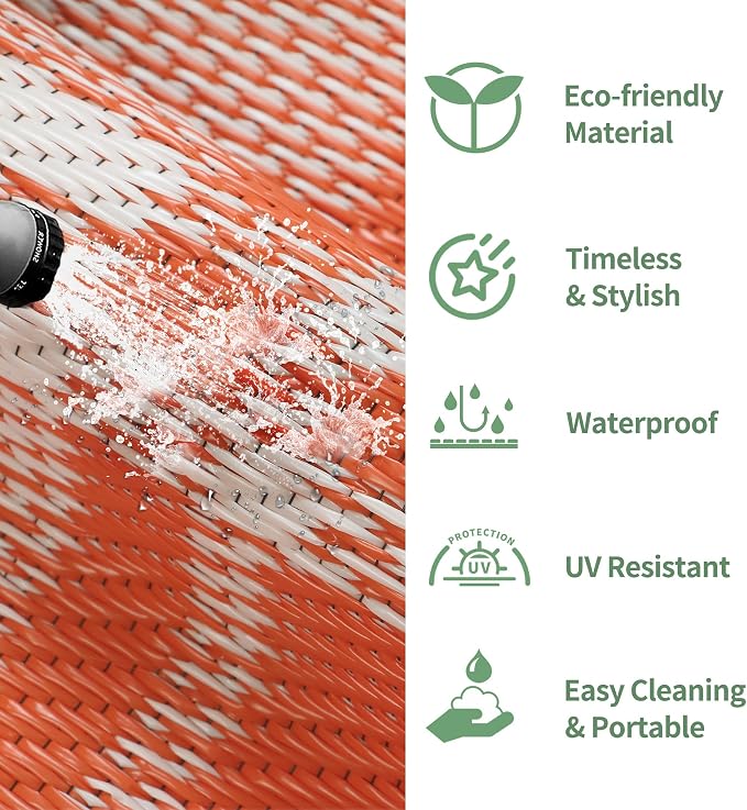 GENIMO Waterproof Outdoor Rug for Patio Clearance, 3'x5' Reversible Plastic Straw Rugs, Lightweight RV Camping Mat for Camper, Balcony, Deck, Backyard, Picnic, Orange White Plaid