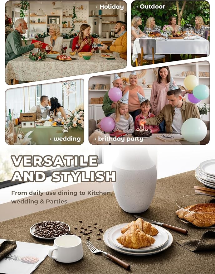 Decorelia Faux Linen Tablecloth for Dining Room, 60 x 104 Inch (8-10 Seats), Coffee