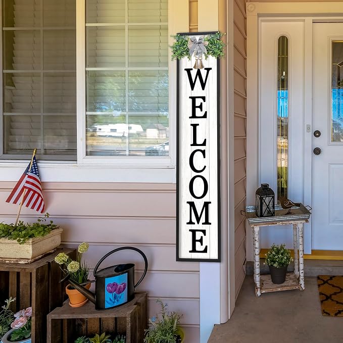 Welcome Sign for Front Porch Standing 45"X9" Large Vertical Farmhouse Outside Front Door Sign Leaner Tall Vintage Outdoor Wreath Patio Garden Wood Framed Decorations (Black)