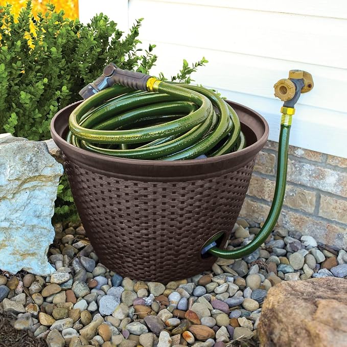 The HC Companies Woven Garden Hose Holder - Lightweight Plastic Decorative Water Hose Holder w/100-Foot Capacity - Garden Hose Pots for Outside (18”, Chocolate, Pack of 1)