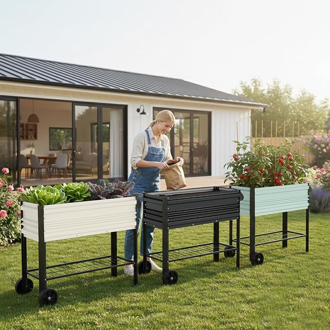 WORKPRO Galvanized Raised Garden Bed with Legs & Wheels, 37x14.6x31.6in, 400LB Capacity Elevated Planter Box for Garden, Backyard, Patio & Deck, Black
