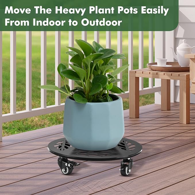 Planterhoma 2 Packs 12 Inch Rolling Plant Stand with Wheels Metal Plant Caddy with Wheels Heavy Duty Plant Rollers with Metal Wheels Round Wrought Iron Plant Stand with Clear Saucers, Glossy Black