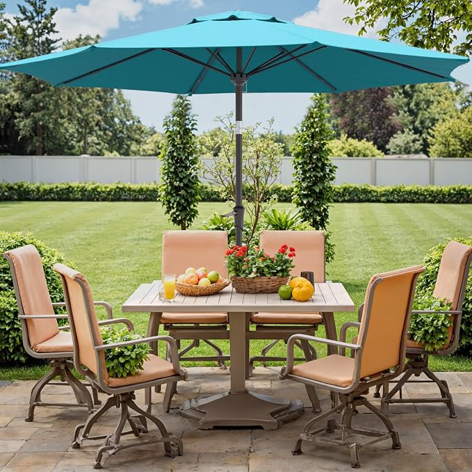 Outdoor Patio Umbrella with One Push Button Tilt and Crank, 8 Sturdy Ribs Market Table Umbrella