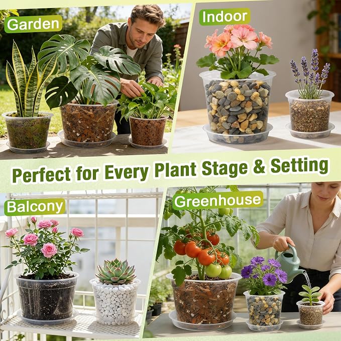 6 Inch Clear Nursery Pots with Drainage and Saucers, 15 Pack Large Clear Plastic Nursery Pots for Plants, Seedling Plant Pots for Repotting and Growing Plants, Flowers & Vegetables (6 inch)