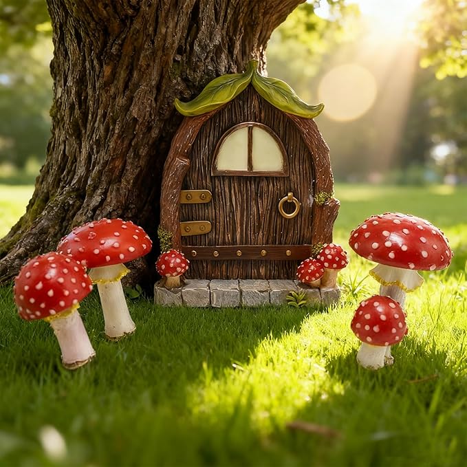 Mushroom Fairy Door for Tree, Miniature Fairy Garden House Decor Accessories, Glow in The Dark Yard Art Outdoor Statues Fairy House Kit for Gnome, Outdoor Yard, Stump, Lawn
