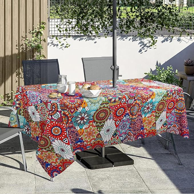 Outdoor Tablecloth with Umbrella Hole and Zipper, Rectangle Patio Table Covers for Spring/Summer, Machine Washable Outdoor Picnic Table Cloth (Kaleidoscope, 60" × 120" Rectangular)