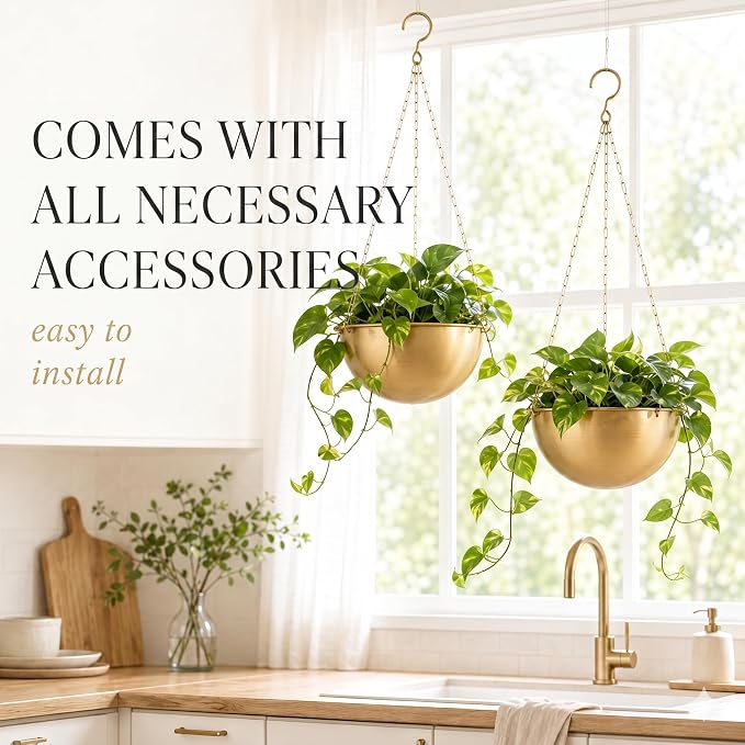 AceList Gold Hanging Planter for Indoor Plants, Set of 2-9.8 Inch Boho Metal Plant Hanger with Hooks & Chain, Brass Finish Hanging Plant Holder for Window, Ceiling & Living Room Decor
