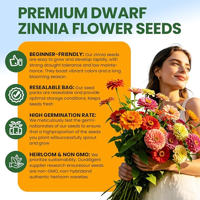 Dwarf Zinnia Seeds for 2026 Planting, 6000+ Flowers Seeds, 6 Vibrant Colors Mix & Large Bloom, Heirloom Wildflower Seeds for Pollinator Garden Outdoor Borders, Easy to Grow Annual Flowers