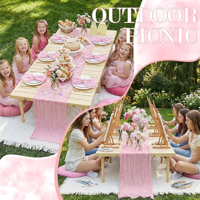Beeveer 91 x 71'' Extra Large Outdoor Picnic Blanket with Pink Table Runner 6 Napkins and 6 Pink Floor Pillows Cushions for Picnic Party Camping Wedding Bachelorette Birthday Baby Shower Decor