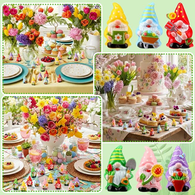 Yaomiao 60 Pcs Mini Gnomes Figurines Flower Resin Gnomes Figurines Decorations Sunflower Tulips Flowers Pots Mini Resin Gnome for Summer Table Landscape Fairy Garden Accessories Tiered Tray Decor