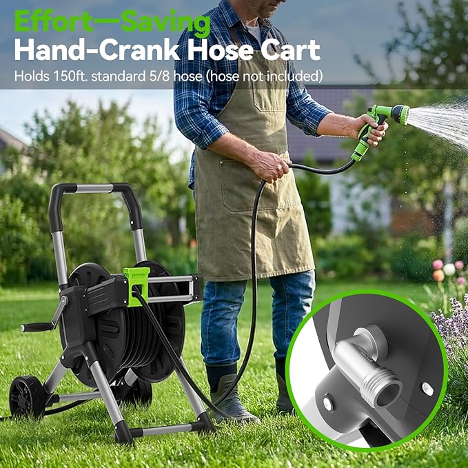 Upgrade Garden Hose Reel Cart, Holds 150 Feet of 5/8-Inch Hose, Hose Reel Cart With Effort-saving Hand Crank,Freestanding Water Hose Reels for Outside Garden Lawn Yard Outdoor