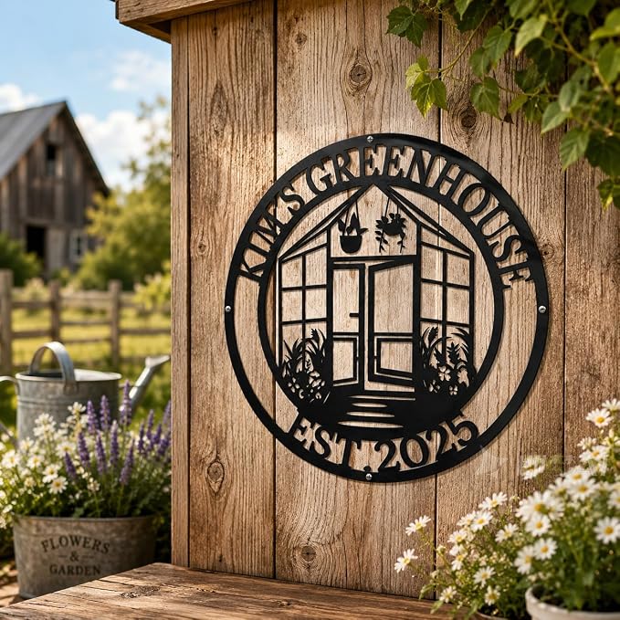 Personalized Greenhouse Sign, Custom Garden Family Name Plaque, Rustic Metal Wall Art for Gardener Gifts, Outdoor Decor for Shed, Yard & Farmhouse