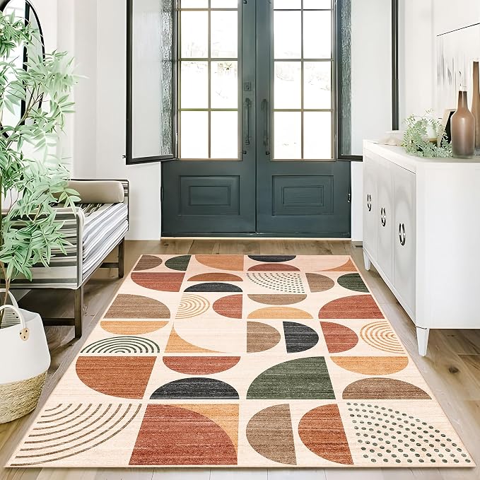3x5 Rug Washable,Boho Area Rugs Small Non Slip Modern Abstract | Machine Washable Throw Carpet for Bedroom Entryway Living Room Bedside Soft Low Pile Floor Indoor Bohemian Terracotta