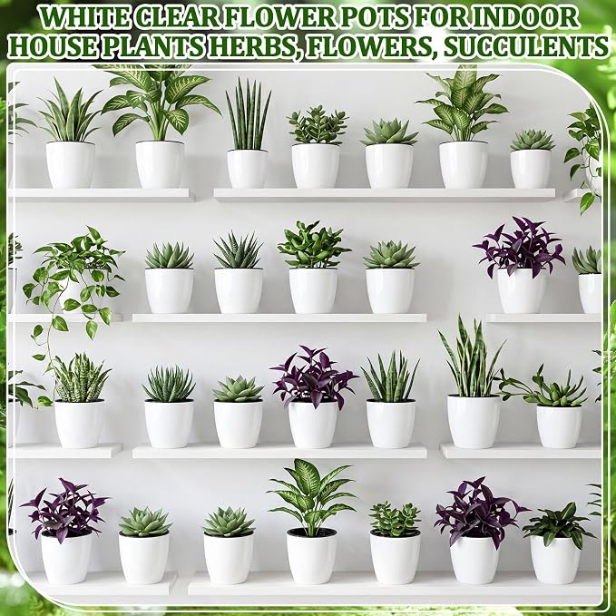 36 Pcs Self Watering Pots, 3.5 Inch Plastic Flower Plant Pot with Inner Pot Self Watering Wick Planter White Flower Pots for Indoor House Plants Herbs, Flowers, Succulents (White Black)