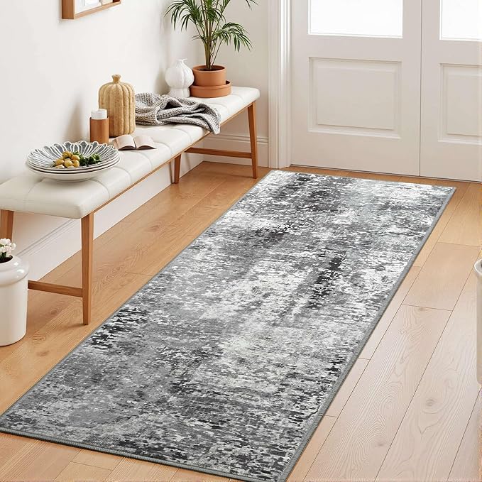 Dark Grey Washable Runner Rug for Bedroom, Abstract Non-Slip Soft Entryway Rugs, Modern Low Pile Stain Resistant 2x6 Carpet for Entryway, Kitchen, Hallway, Bedside