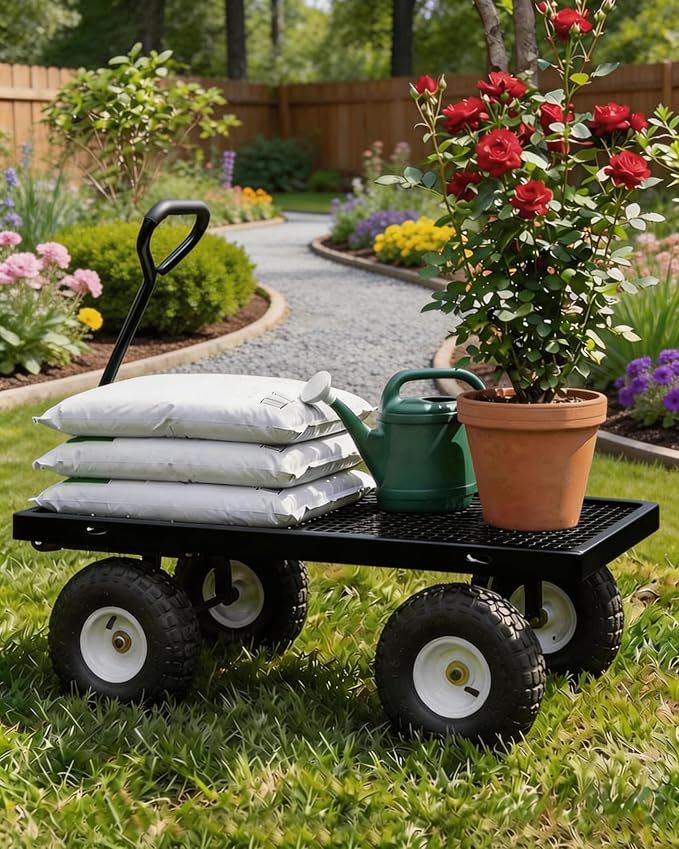 GarveeTech 800LBS Heavy Duty Steel Garden Cart, Garden Wagon Cart on Wheels, Metal Yard Utility Wagon with Removable Mesh Sides, 10" All Terrain Tires, 180° Rotating Handle for Lawn, Garden, Farm