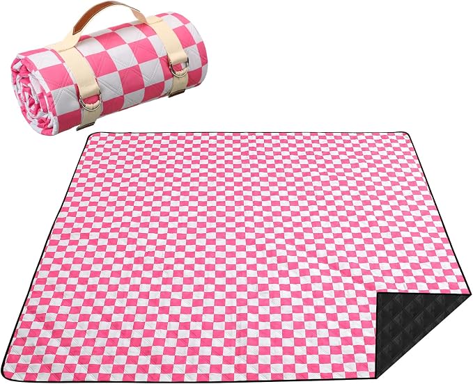 Nuanchu Checkered Picnic Blanket Extra Large Outdoor Blanket Sandproof 80"x80" Waterproof Portable Machine Washable 3 Layer Thick Gingham Picnic Mat for Beach Camping Park Grass Travel(Bright Pink)