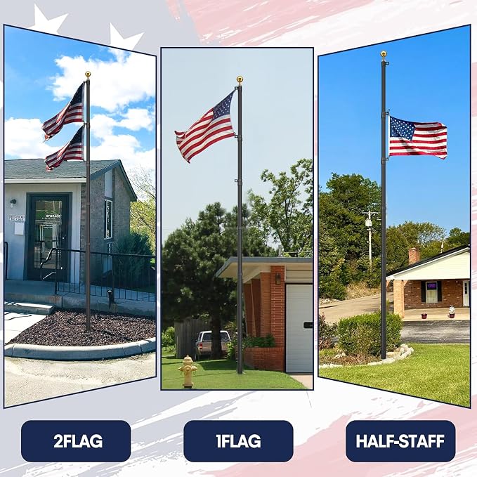 25FT Telescoping Flag Pole for Outside House, Extra Thick Telescopic Flagpole with USA Flag, Inground Outdoor Use, Camper RV, Residential & Commercial, Complete Hardware & Aluminum Top Ball (Black)