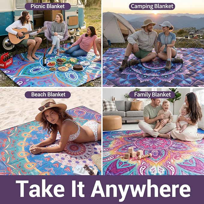 60x80" Extra Large Picnic Blankets Waterproof Sandproof Couple Outdoor Beach Blanket Foldable Grass Park Lawn Concert Mat Summer Camping Essentials Rv Travel Vacation Accessories Festival Gift