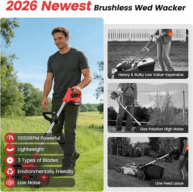 ALSO GO 24V Electric Weed Wacker with Wheels, Grass Trimmer Cordless, 3 in 1 Weed Eater Battery Powered with 2pcs Batteries & Charger, Weed Trimmer/Brush Cutter/Edger Lightweight for Lawn & Yard