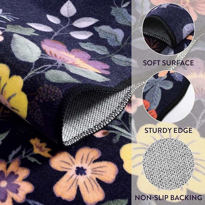 Lahome Floral Washable Entryway Rug, 2X3 Purple Kitchen Rugs Non Slip Small | Ultra-Thin Soft Door Mat Indoor Entrance Stain Resistant Boho Carpet for Bathroom Bedroom Flore (2x3ft, Purple)