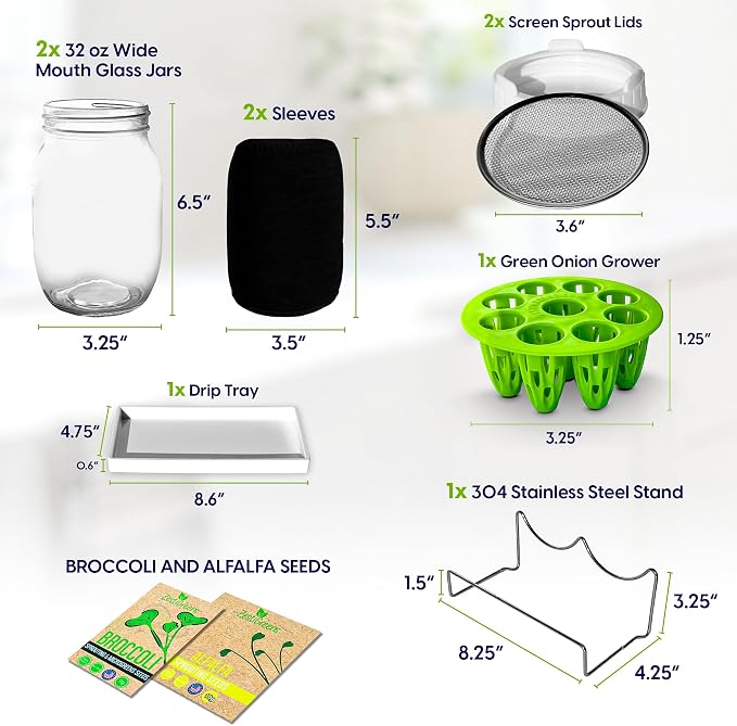 Sprouting Jar Kit - 2 Mason Jars with Broccoli & Alfalfa Seeds | Includes Green onion regrower, sprout lids, drain tray and Premium USA seeds
