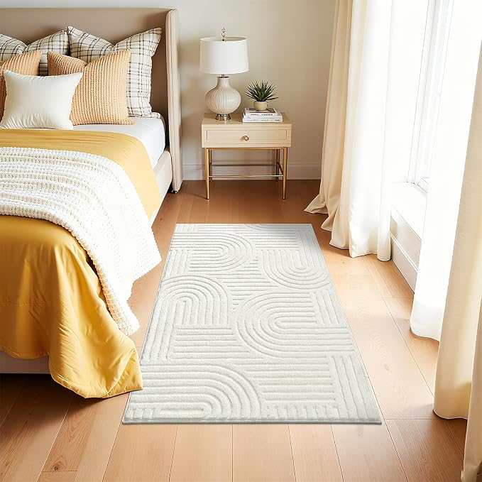 SHACOS Soft Cozy Fluffy Arch Pattern High Low Pile Area Rugs 9'x12' Large Non Slip Washable Modern Geometric Rug Scandinavian Minimalist Carpet for Living Room Bedroom Dining Room, Cream White