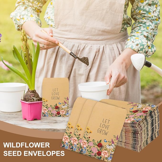 FYSUIMU 50Pcs Wildflower Seed Packets Let Love Grow Self-Adhesive Kraft Envelopes Rustic Floral Seed Storage Pockets for Garden Office Party Favors Supplies, 3.15 x 2.4 Inch