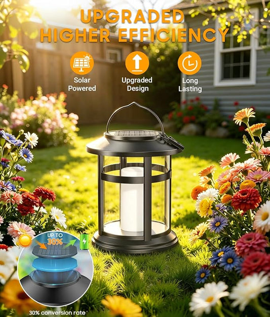 Solar Lanterns Outdoor Waterproof, 2 Pack Upgraded Flickering Flame Hanging Solar Lights for Outside Decorative, Solar Powered Lanterns Lighting for Garden Patio Table Porch Decor Gifts