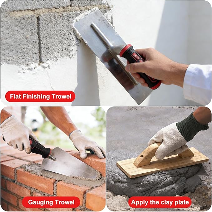 9 Pcs Masonry Hand Tool Set Concrete Trowel Set Includes Large Flat Finishing Wood Float Concrete Edger and Groover Wire Twister Margin Gauging in a Tools Bag