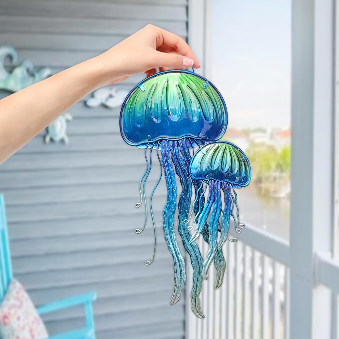 JOYBee Ocean Jellyfish Wall Art Decor-Sea Life Nautical Home Hanging Decor-Glass&Metal Jellyfish Decoration for Pool,Beach,Patio,Living Room,Bathroom,Boat, Coastal Decorations(17inch)