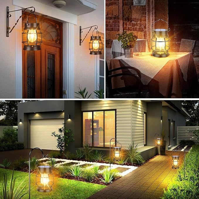 TomCare Solar Lanterns Lights Outdoor Waterproof 4 Pack Metal Hanging Solar Lights Lantern for Outdside Decorative Patio Porch Garden Lawn, Warm White