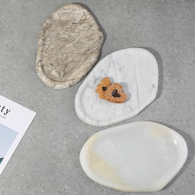 Koville Luxurious Natural Marble Vanity Tray for Home Decor, Cloud Shape Serving Stone Key Tray, 10" x 7" Marble Storage Trays for Bathroom, Stone Plate for Perfume, Candle and Jewelry(Bianco Carrara)