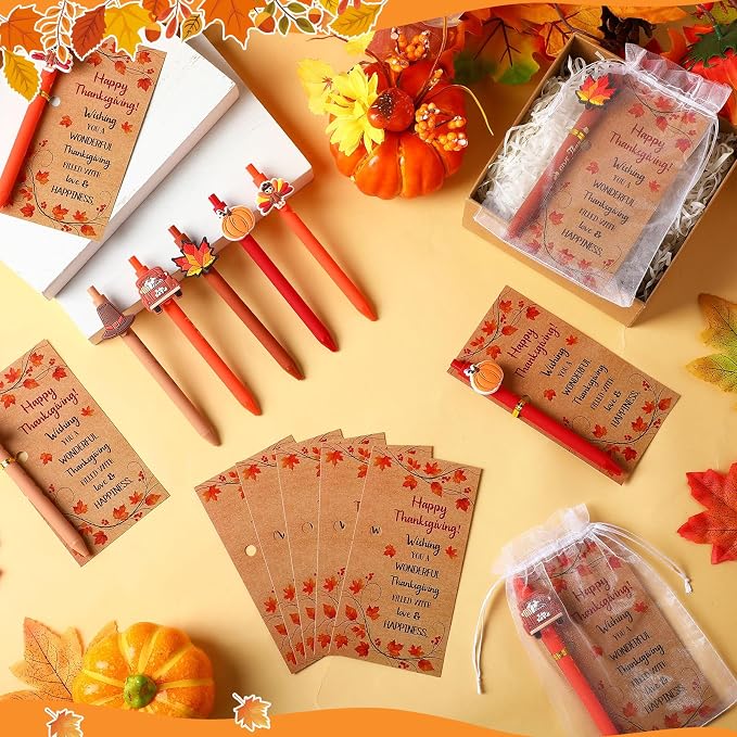 Marspark 30 Sets Thanksgiving Gifts Bulk Fall Ballpoint Pens and Thanksgiving Greeting Cards with Bags Twist Ties Autumn Maple Leaves Pumpkin Turkey Gifts for School Office Coworker Employee Favor